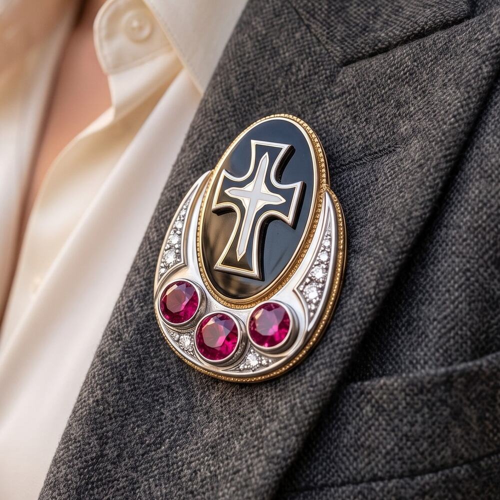 Vintage O.C. Tanner CTO 1/5 10K Gold Filled Cross Pin Red Stones Christian